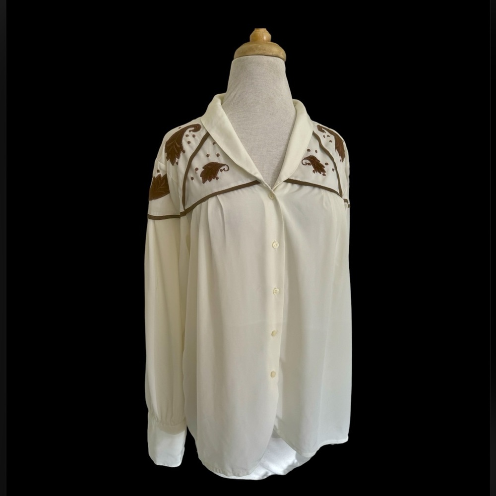 Vtg 80s ERENA By Irene Koenig Ivory Embroidered Pleated Blouse Sz 10 French Cuff